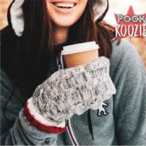 Pook Koozie warm glove that holds hot or cold beverage Winter Knit Grey Red NWT - Picture 1 of 13